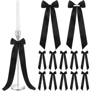 Teenyyou 12 Pcs Black Candlestick Bows Decor 13 Inch Large Coquette Decoration Bow for Table Self Adhesive Candle Holder Gift Wrapping Wedding Bridal Shower Bachelorette Party Centerpieces