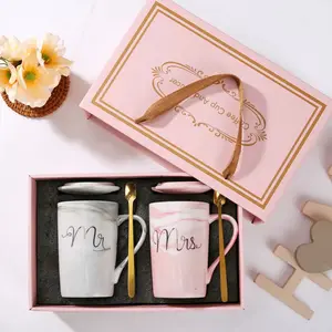 Mr & Mrs Coffee Mug Set with Lid, 14 oz Marble Pattern Ceramic Cup, Perfect Gift for Wedding, Engagement, Anniversary, Valentine's Day, Birthday, Best Friend, Colleague, Couple