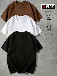 Men's 3 Piece Basic T-Shirt Set, Menswear, Solid Color, Plain, Street Style Streetwear Casual Wear, Short Sleeve Loose Fit, Retro Fashion, Breathable