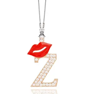 26 Letter Lip Rhinestone Car Ornament, Cute Car Decor, Style Sparkling Letter Pendant, Rearview Mirror Decorative Crystal Hanging Decoration, Girly Car Accessories, Automotive Decoration