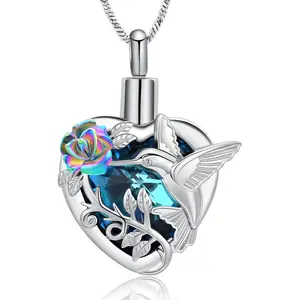 Yinplsmemory Hummingbird Cremation Jewelry Crystal Heart Urn Ashes Necklace for Women Men Memorial Keepsake Necklace of Loved One