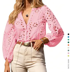 Women's Danedvi Deep V-Neck Eyelet Lace Blouse - 3/4 Balloon Sleeve Soft Cotton Button-Down Top, Sexy Dressy Casual Women's Clothes for Leggings Pairing & Formal Wear,summervibes
