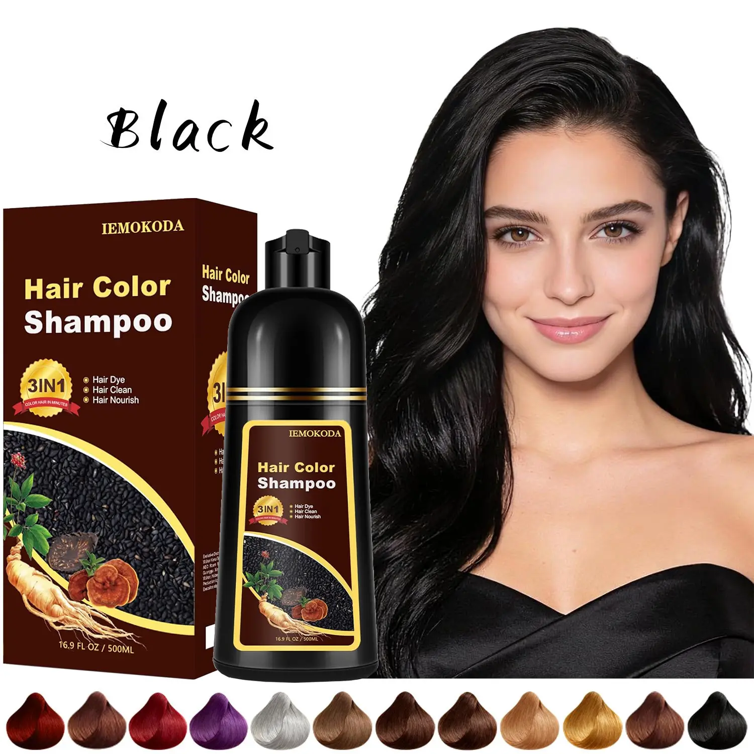 Black Hair Dye Shampoo for Gray Coverage, 3-in-1 Semi-Permanent Hair Color Shampoo for Women & Men, Instant Natural Formula, Gentle & Easy to Use, Champu Para Canas, 16.9 Fl Oz