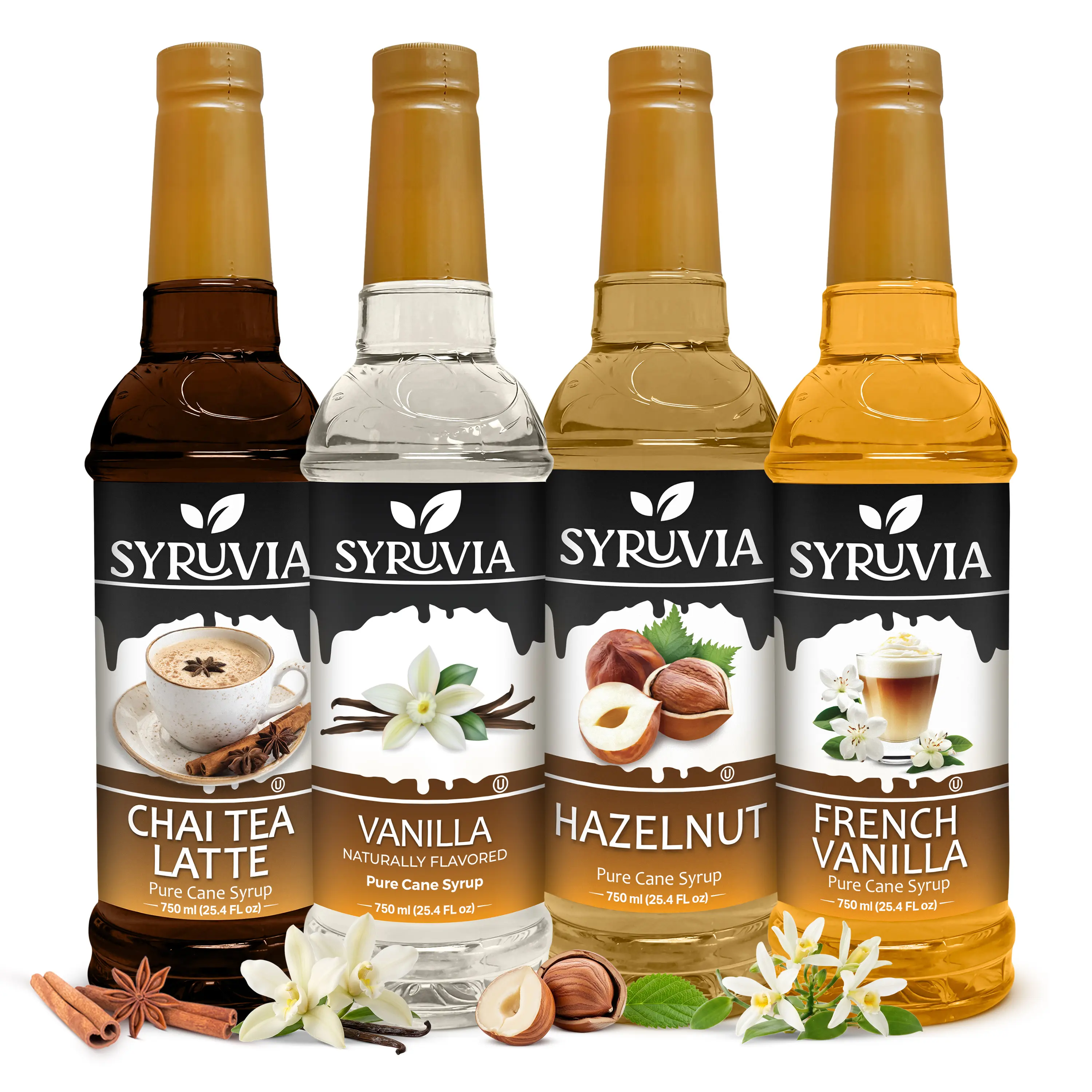 Syruvia Premium Variety Flavor Pack – Chai Tea Latte, Vanilla, Hazelnut & French Vanilla Syrup – Perfect for Coffee, Lattes, Desserts & More – 25.4 Fl oz Bottles (4 Pack)