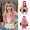 Wiglassic Layered Straight Wig With Bangs 24inch Straight Pink Wig 24IN Synthetic Heat Resistant Fiber Wig for Beginners Daily wigs Wig for Party&Cosplay,sohochic