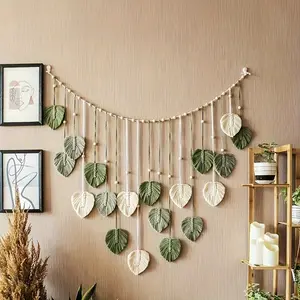 Bohemian Handwoven Leaf Wall Hanging Tapestry - Layered Beige/Fringe with Green Leaves and Beaded Pendants, Horizontal Leaf Design, Ideal for Home Decor, Weddings - Fiber Weaving Craftsmanship, Halloween, Christmas, New Year Gifts