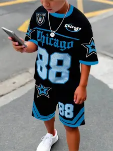 Boys Blue Flame Gradient Set, Summer Cool Flame Printed Short Sleeve Shorts Two-Piece Outfits Set, Casual Fitted for Kids, Graphic Print Set