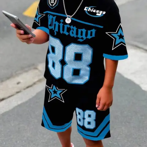 Boys Blue Flame Gradient Set, Summer Cool Flame Printed Short Sleeve Shorts Two-Piece Outfits Set, Casual Fitted for Kids, Graphic Print Set, Matching Set, Summer Clothing Set, Clothes Kids