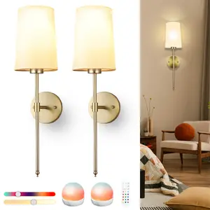[#Summervibes] Battery Operated Wall Sconce Set of 2 with Remote Control,White Fabric Shade Wall Lights with Dimmable 15 RGB Rechargeable LED Light Bulb for Bedroom Living Room Hallway