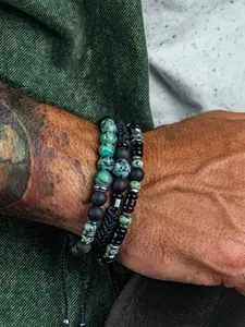 Men's Handmade Beaded High Quality Bracelet Set, Turquoise & Agate Elastic Stackable Boho Style, Casual Holiday Gift Party Accessory