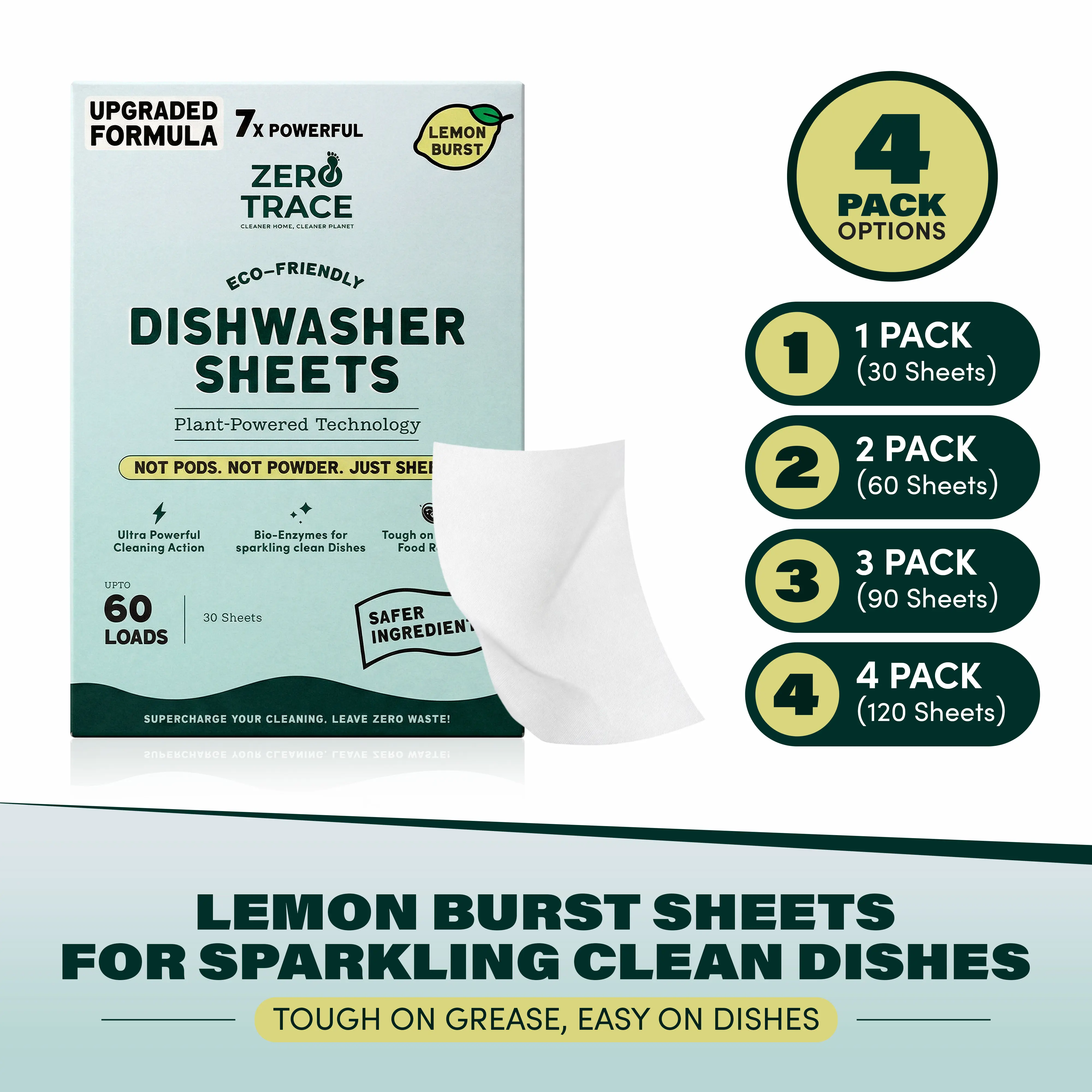 Zero Trace Dishwasher Detergent Sheets, Lemon Burst, Plant-Based Eco-Friendly Dish Washing Sheets, Plastic-Free, Biodegradable, Grease-Cutting Dishwasher Cleaner, 38 Sheets Household Not Powder
