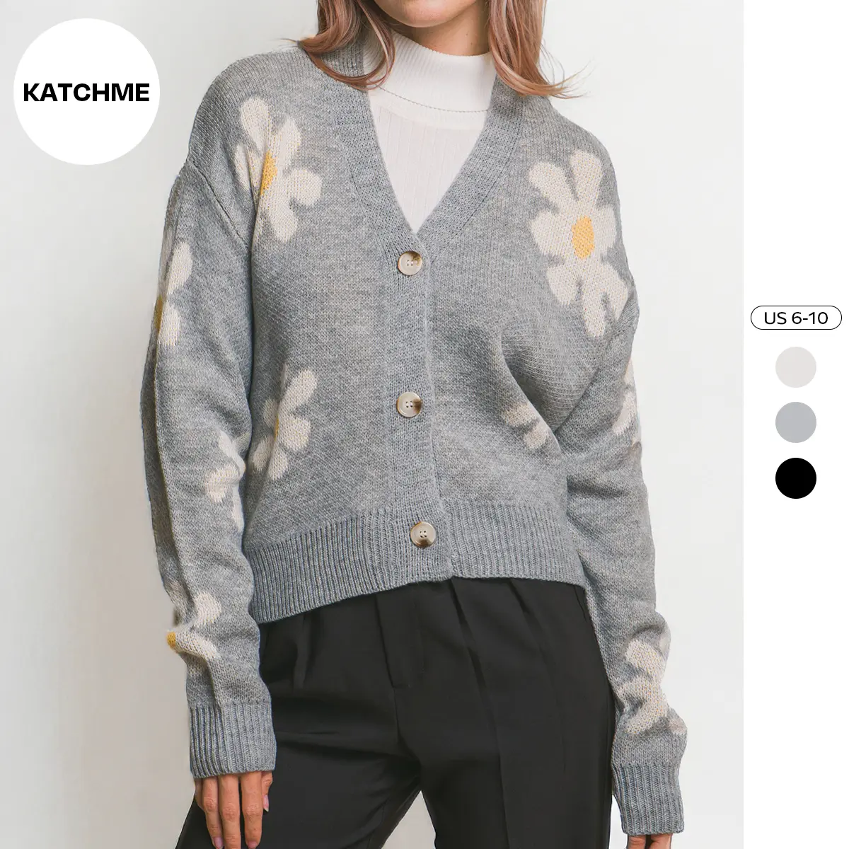 KatchMe Women's Trendy V Neck Daisy Print Long Sleeve Cardigan,Printed Outerwear for Women,Womenswear Galentine Ideas Gift,Fall & Winter Knitwear