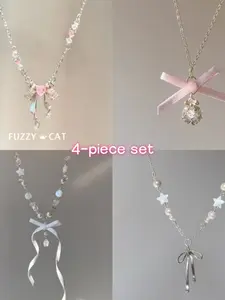 Princess Ribbon Bow Necklace Set, 4 Pairs Elegant Women's Jewelry, Versatile Light Luxury Design, Perfect Gift for Best Friends