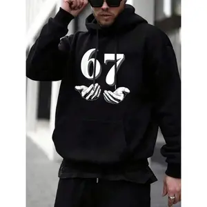 Men’s Fall Winter Black 67 Print Hoodie, Bold Graphic Design. Oversized Comfortable Fit, Warm Cozy Fabric. Trendy Streetwear Style, Perfect for Cool Weather Outfits. Unisex Hoodies