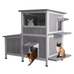 Aivituvin-AIR7033 2-Story Wooden Cat House with Asphalt Roof,Indoor or Outdoor Cat House,For Stray Cats