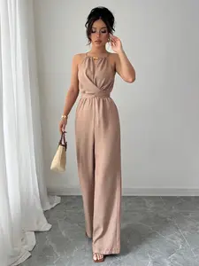 Women's Jumpsuit Dressy One Shoulder Buckle Decor Ruched Wide Leg Jumpsuits Elegant Party Overall
