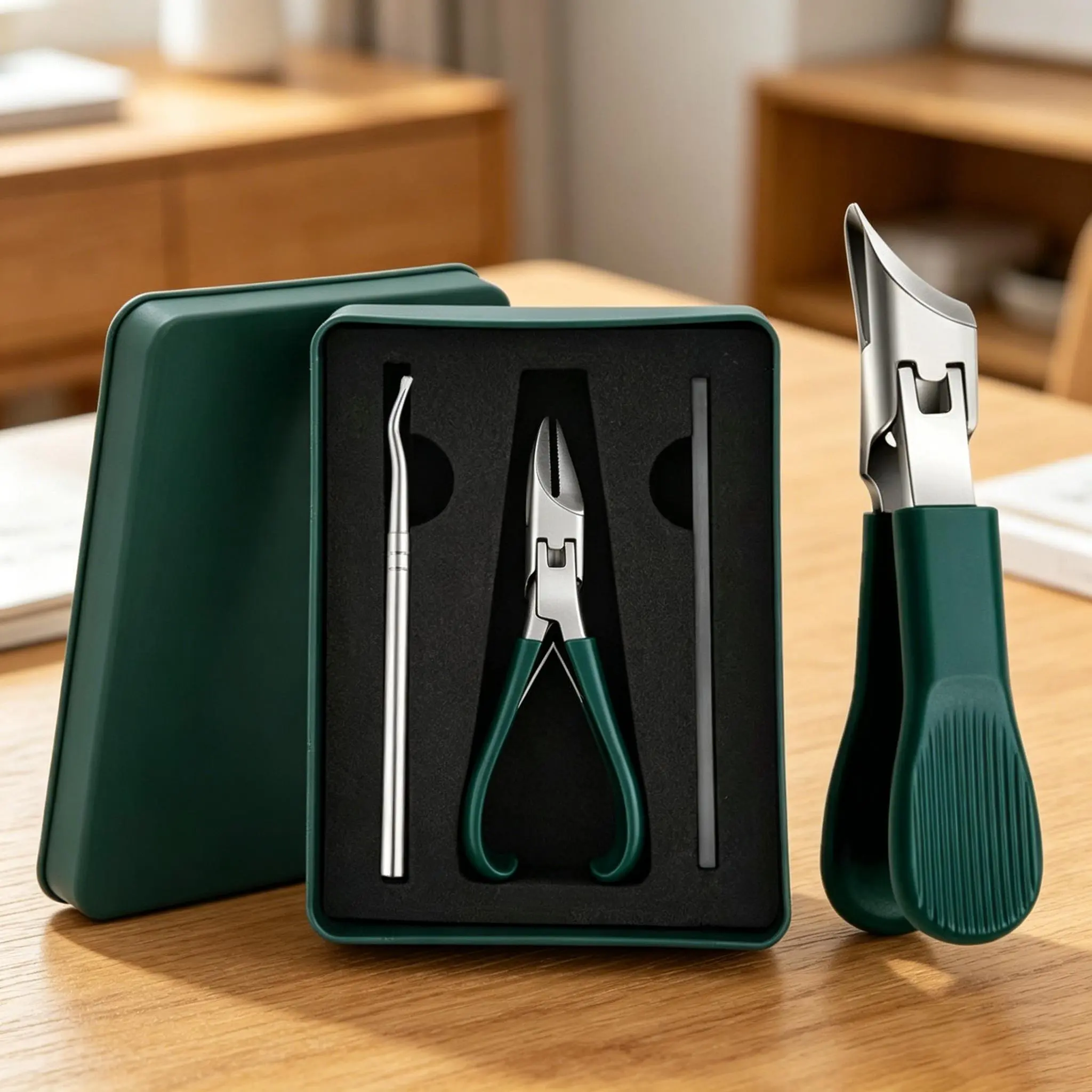 Sharp!3-Piece Green Eagle Beak Nail Clipper Set – Thick Nail Clipper, Ingrown Toenail Lifter & Nail File | Heavy-Duty Pedicure Kit for Thick & Ingrown Nails, Stainless Steel Grooming Tools for Home or Travel
