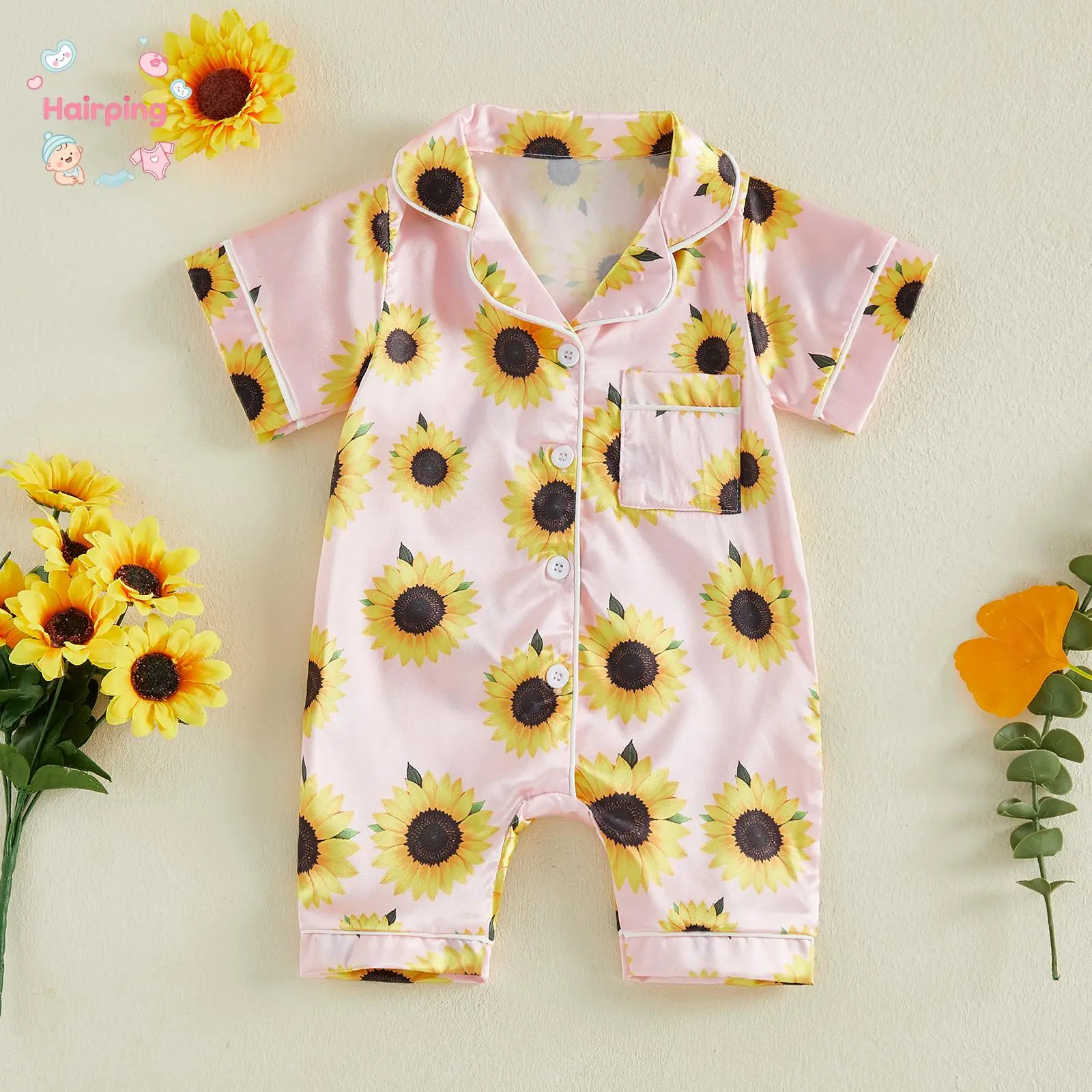 Baby Girl Sunflower Satin Romper, Short Sleeve Button-Down Pajama Style Onesie, Soft Breathable Summer Sleepwear & Loungewear, Ideal for Daily Wear & Baby Shower Gift