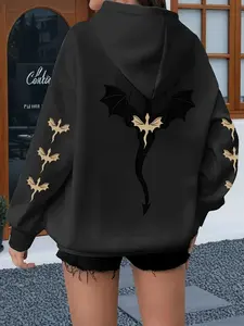Women's Oversized Hoodie (dragon Print, Dark Fantasy Street Style), Fitted Graphic Sweatshirt, Fall & Winter Fashion, Hoodie Top
