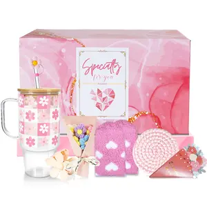 ANOTION Valentines Gift for Her – 40oz Glass Cup Set, 12-Piece Gift Set with Pink Flower Bouquet, Greeting Card, Coaster, Heart Socks & More, Gift Box Set