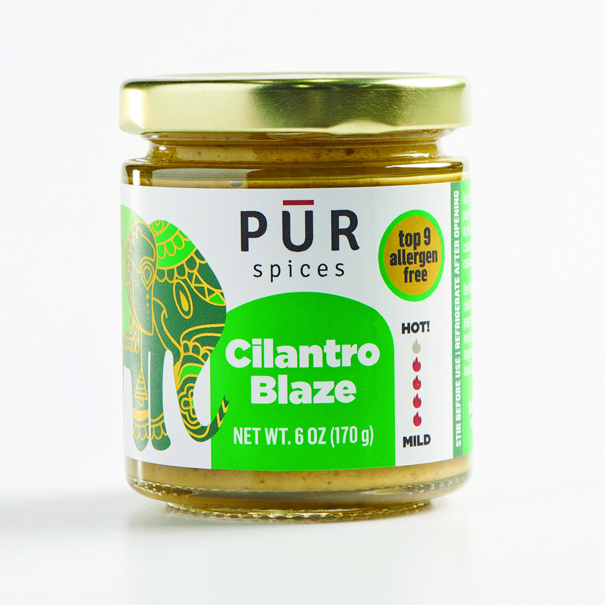 PUR Spices Cilantro Blaze I Hot Sauce & Tangy Cilantro Chutney I Fresh Cilantro, Garlic, Lime and Hot Peppers I Plant Based, Gluten Free, No Sugar Added, Preservative and Additive Free I 6oz Jar