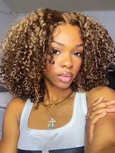 4*4 Lace Highlight Bob Curly Wig, Human Hair Brown and Honey Blonde Short Jerry Curly Wigs for Black Women, Kinky Curly Wig
