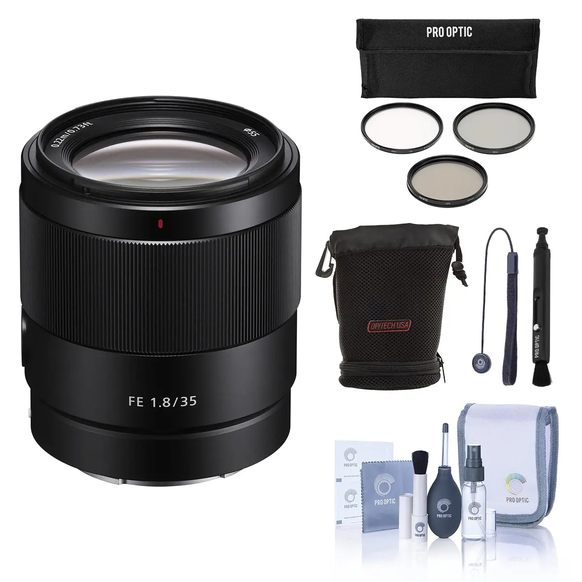 Sony FE 35mm f/1.8 Lens for Sony E, Bundle with 55mm Filter Kit, Lens Case, Lens Cleaner, Cleaning Kit, Lens Cap Tether