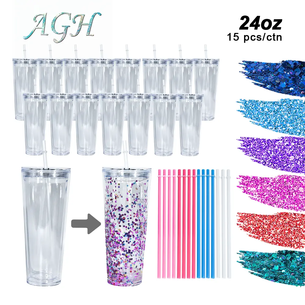 AGH 8/15pcs 24 oz Snow Globe Acrylic Tumbler Double Wall Plastic Cups with Lid & Straw for Gift DIY Drinkware water bottle girl Reusable Washable