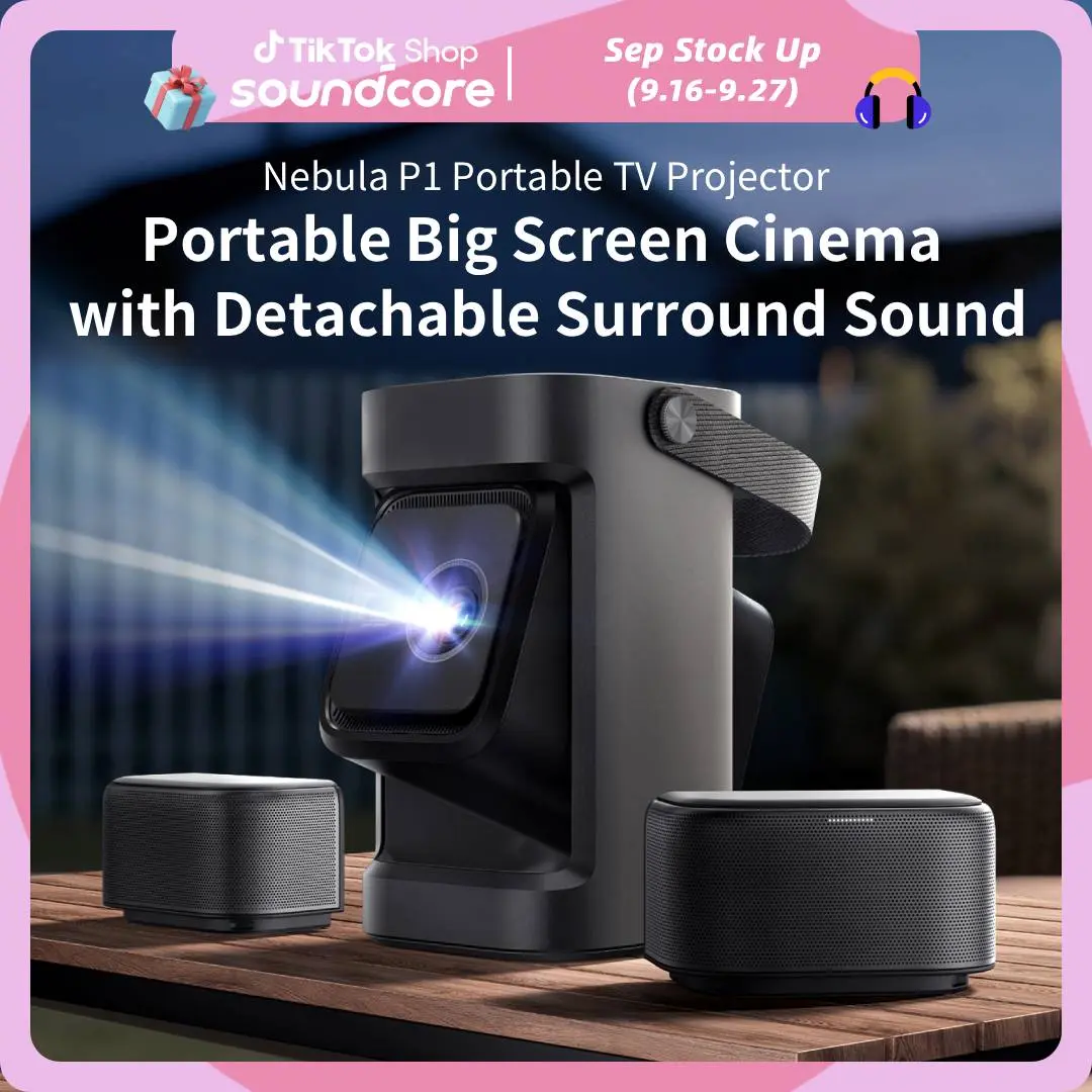 Nebula P1 Portable GTV Projector with Detachable Speakers, 650 ANSI Lumens, 1080P, 20W 2.0 Surround Sound, Dolby Audio, Built-In Gimbal, Auto Adjustment, 180" Max Screen, Carry Handle, Projector for Bedroom, Adapter, Box, Wireless #tiktokshopsummersale, G