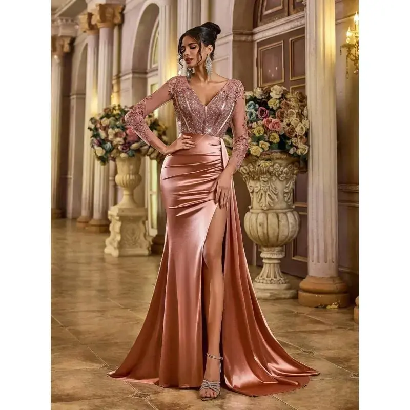 rose gold fishtail dress Rose Gold Sequin Long Sleeve Fishtail Maxi Dress main image 1