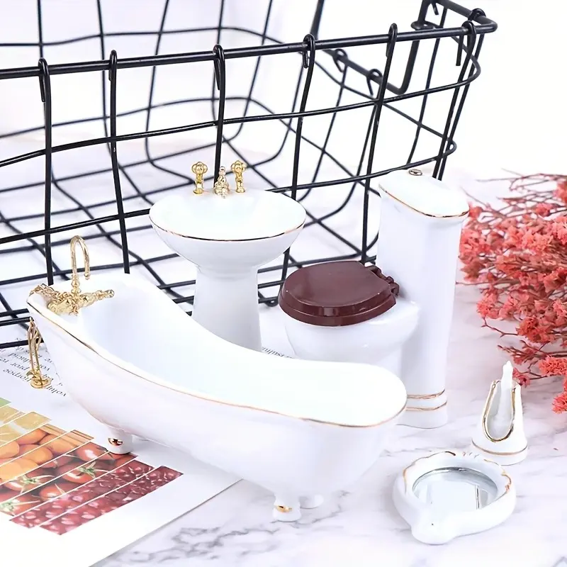 5 Piece Ceramic Dollhouse Bathroom Set Role Play Set Doll Playset Bathtub Mirror Toilet Mini Furniture Miniature Furniture Perfect Christmas New Year Easter Gift