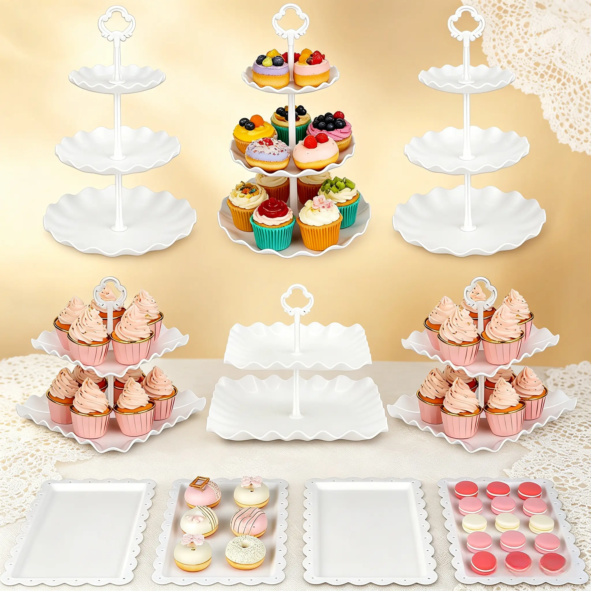 10pcs Plastic Pastry Decorative Kit - Stable 3-Tier Wavy Cupcake Stand, 2-Tier Fruit Stand, 4 Cookie Trays for Birthday, Party, Dessert Events | Kitchenware Bakeware Decorating Tools