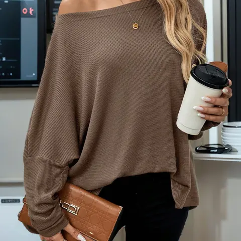 Women's Plain Textured Batwing Sleeve Loose Baggy Tee, Casual Drop Shoulder Long Sleeve T-shirt for Spring & Fall, Women's Top for Daily Wear, Casual Comfy Clothes
