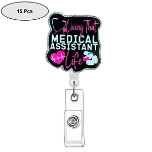 Medical Assistant Retractable Badge Reel, 15pcs/set Acrylic ID Holder with Clip, Badge Decoration for Nurses, Doctors, Students & Office Staff, Gifts for Kids