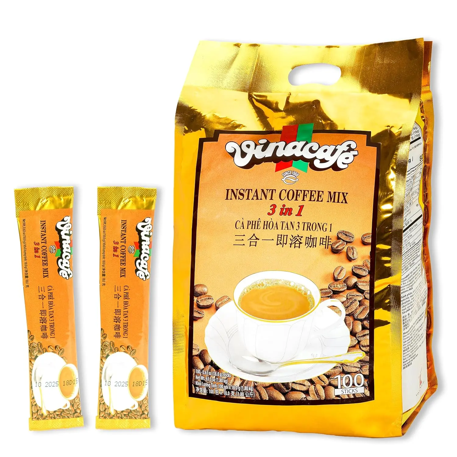 Vinacafe Vietnamese Instant Coffee 100 Sticks 3 in 1 Milk Coffee Blend, Smooth Medium Roast Instant Mix for Fast Brewing at Office or Travel