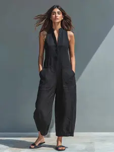Casual Linen Blend Jumpsuit for Women – Sleeveless Button Stand Collar Loose Fit Summer Romper Vacation Outfit