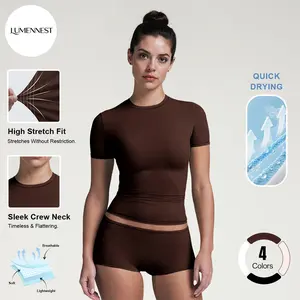 LUMENNEST Lounge Women's Sports Solid Color Round Neck Short Sleeve Slim Top & Breathable Shorts Co-ord, Minimalist Two Piece Outfits, Soft Womenswear Stretchy Nylon Compression