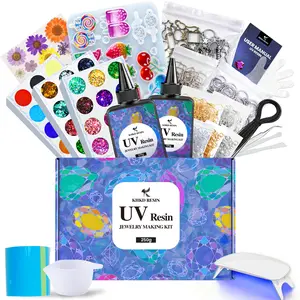 Upgraded UV Resin Jewelry Kit – 250g Crystal Clear Resin + UV Lamp + 36 Pcs Mica Powder, Glitter, Sequins & Dried Flowers – DIY for Beginners – KHKD Resin