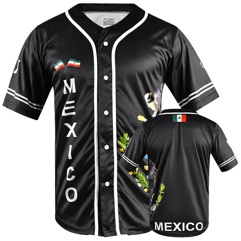Fox & Fury Black Baseball Jersey Unisex Shirt Fit EL SALVADOR MEXICO HONDURAS GUATEMALA 503 Athletic Activewear Softball Jersey button down jersey 100% Polyester Comfort Fit