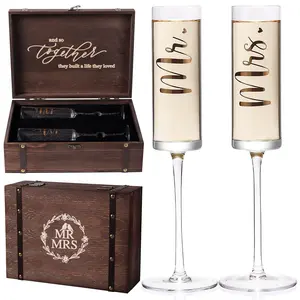 Mr and Mrs Champagne Flutes with Keepsake Box - Gold Print Bride and Groom Glasses for Wedding and Toasting - Bridal Shower Gifts - Drinkware summerwins