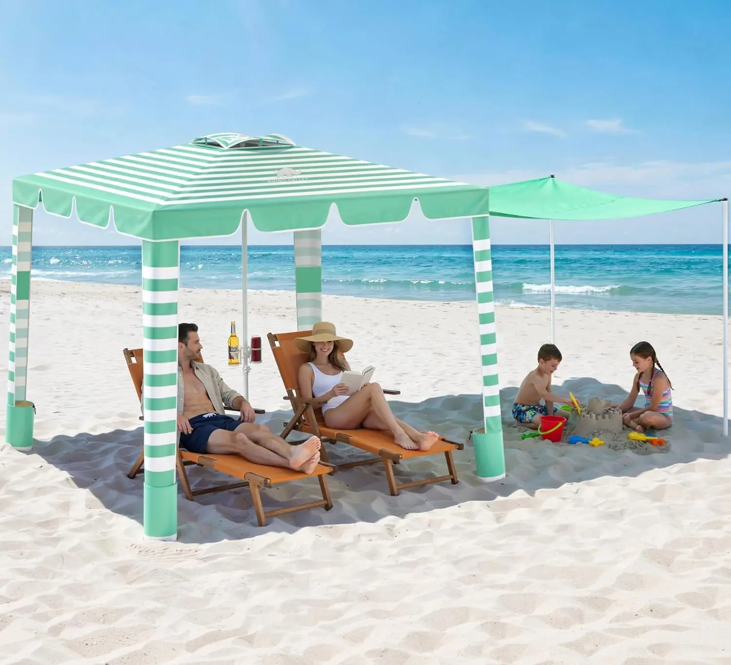 Beach Cabana, 120 Sq. Ft Beach Canopy UPF50+ Protection, Easy Setup & Adjustable Height Beach Tent Sun Shelter with Cup Holder, Portable for 4-8 People, Light Green & White Stripes