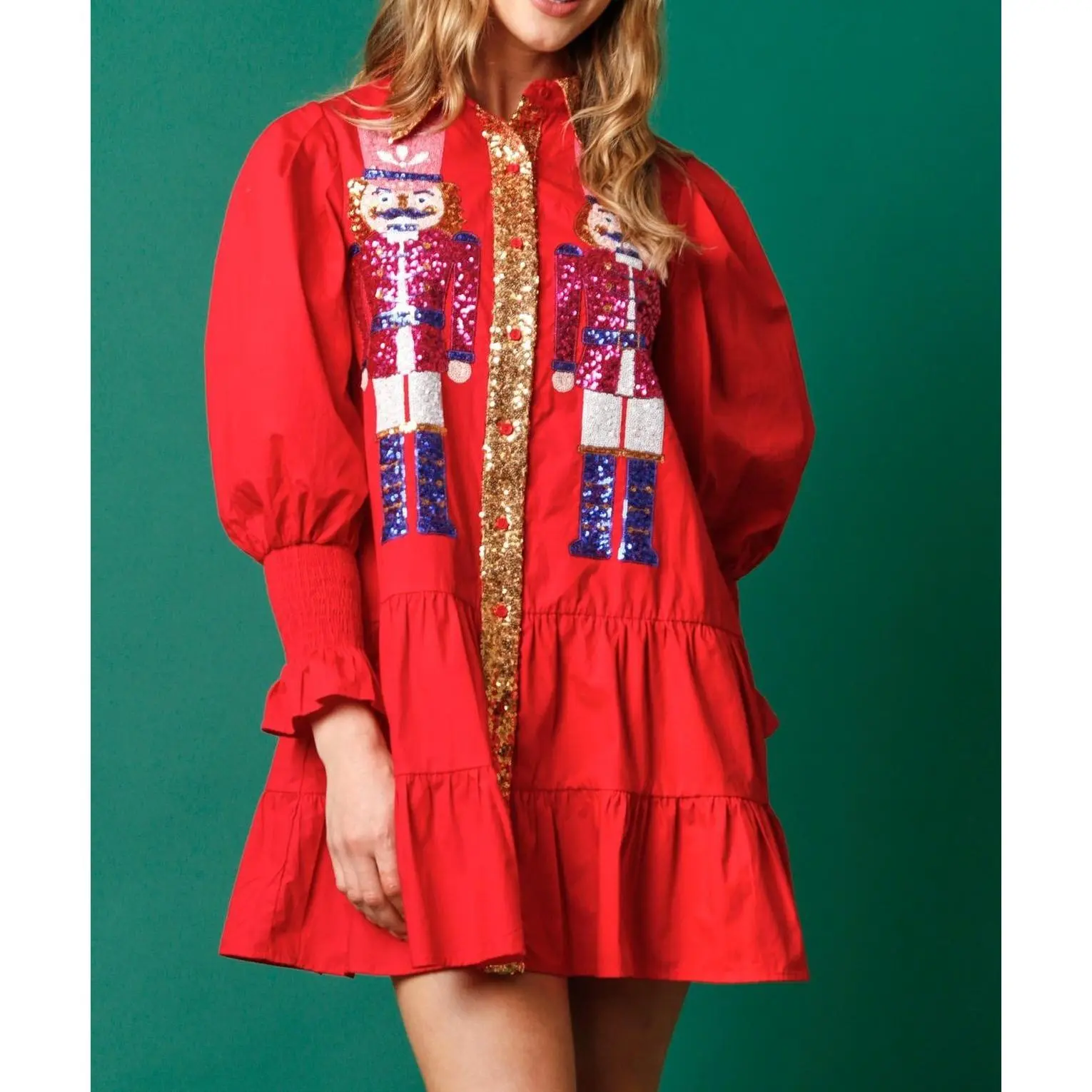 Women's Casual Wear Long-Sleeve Christmas Nutcracker Sequined Patchwork Mini Dress - Contrast Color Lapel, Tightened Sleeves, Pleated Ruffled Hem with Loose Sections, Short, Cotton Blend