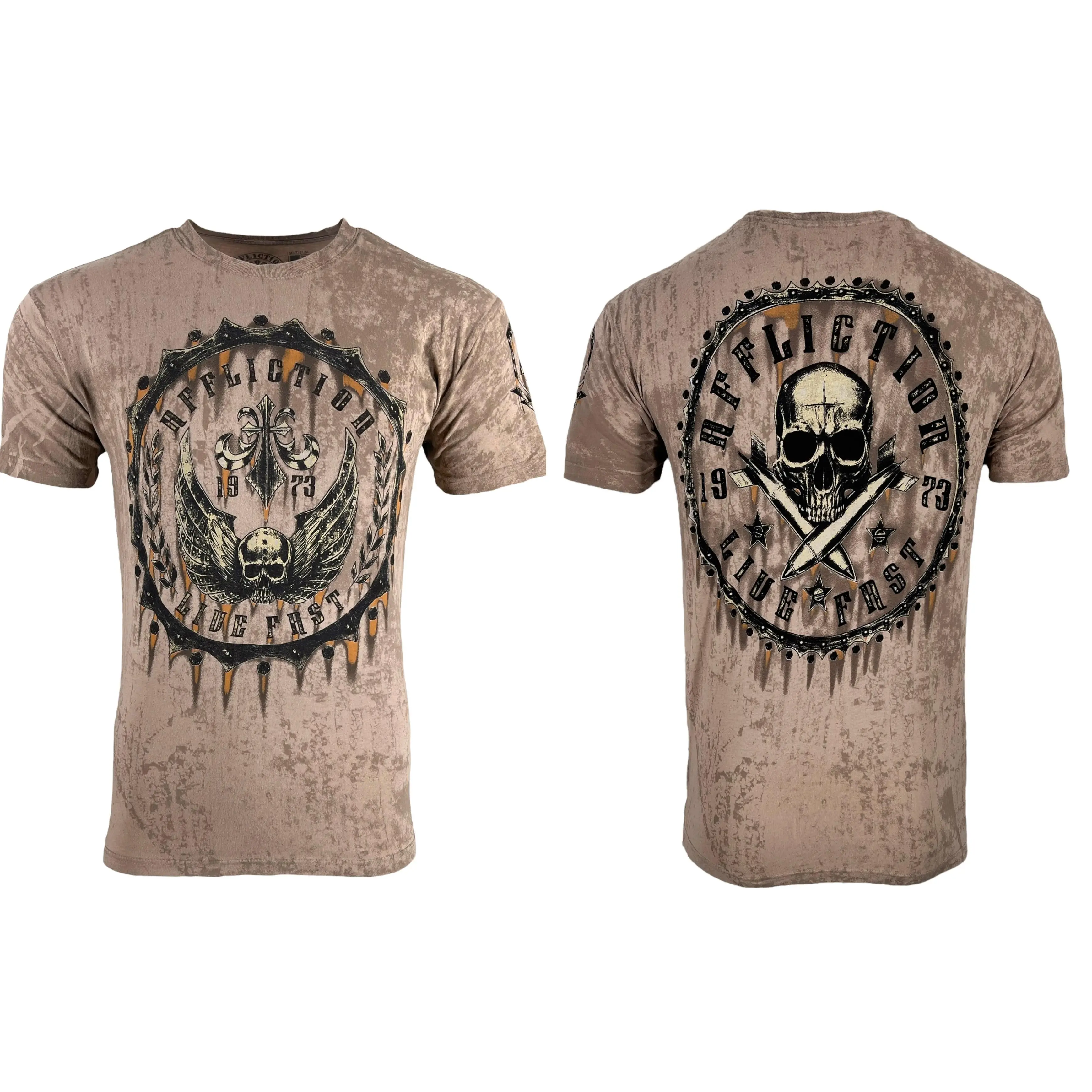 Affliction Men's Rustproof Sand Graphic T-Shirt - 100% Cotton Crew Neck with Front & Back Print, Made in USA