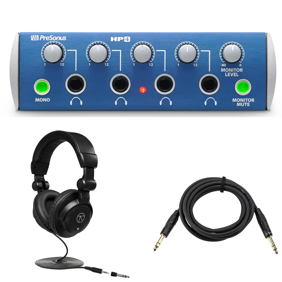 PreSonus HP4 4-Channel Headphone Distribution Amplifier, Blue, Bundle with TAPH100 Headphones and Platinum Pro 10' TRS Cable