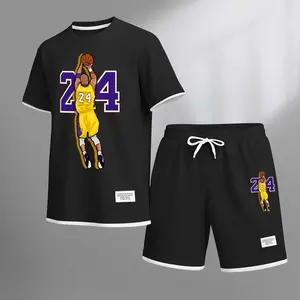 Men's Basketball 24 Print Drawstring Shorts Set For Spring/Summer. A Casual Summer Outfit, Including A Short-Sleeved Shirt And Shorts, Suitable For Everyday Wear And Sports. A Two-Piece Set For A Relaxed And Energetic Lifestyle.
