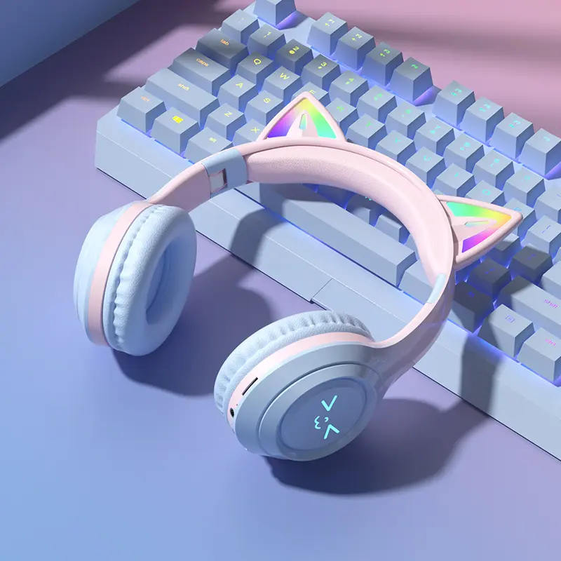 RGB Cat Ear Over Ear Headphones - Bluetooth, 5.1 Surround Sound, Noise Reduction, HiFi Audio, Folding Foldable Headset for Kids & Adults with RGB Lights sohochic