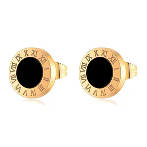 E2: Roman Numeral Earrings 18K Gold Plated Steel with Black Center Circle Design