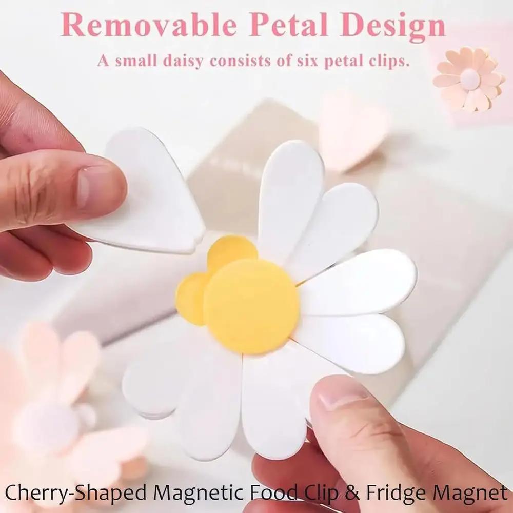 Aesthetic Cherry Blossom Fridge Magnetic Chip Clips| 6 Bag Clips + 1 Magnetic Base| Cute Food Sealing Clips for Snack Bread Pet Food Storage| Fridge Organizer Kitchen Decor Gift