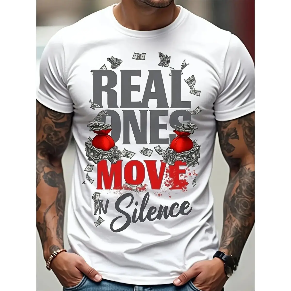 Women's 2026 New Streetwear Aesthetic Short-Sleeve Round Neck Unisex T-Shirt - "Real Ones in Silence" Graphic Tee, Money Design, Inspiring Quote, Comfortable Fit, Soft, Breathable, Moisture-Wicking Casual Summer Top