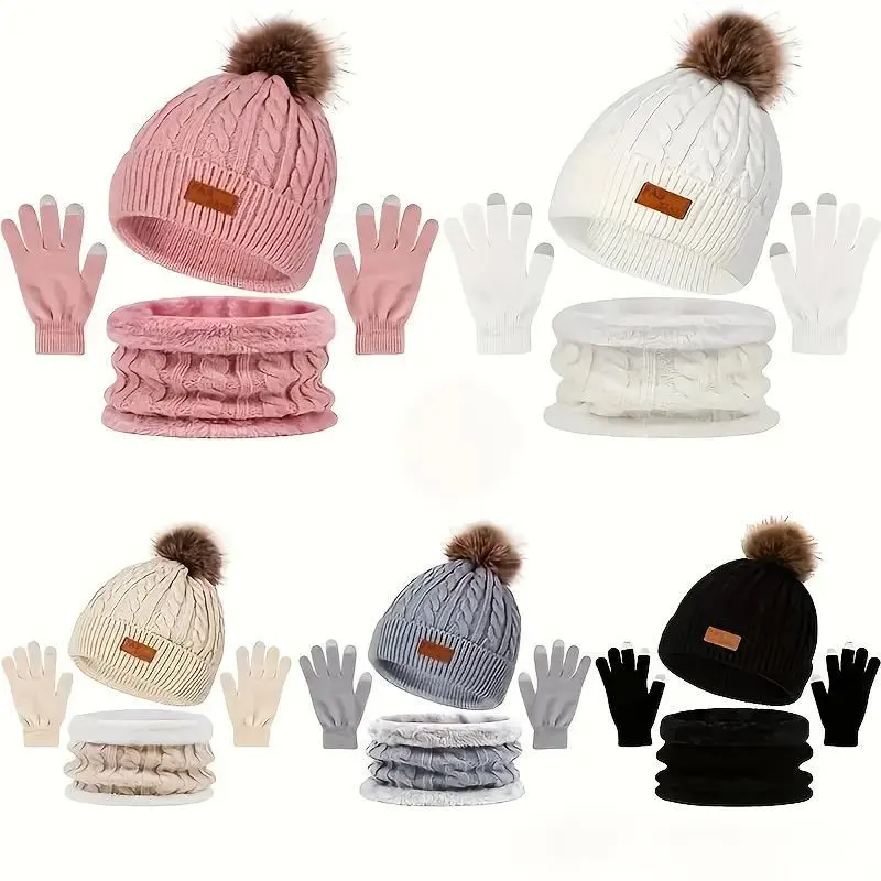 Unisex 3-Piece Knit Winter Warm Set - 1-Size-Fit-All Plain Touchscreen Gloves, Scarf, Neck Gaiter Hat - Windproof, Lightweight Fit - 6 Color Options for Skiing, Commuting, Knit Set, One-Size-Fit-All